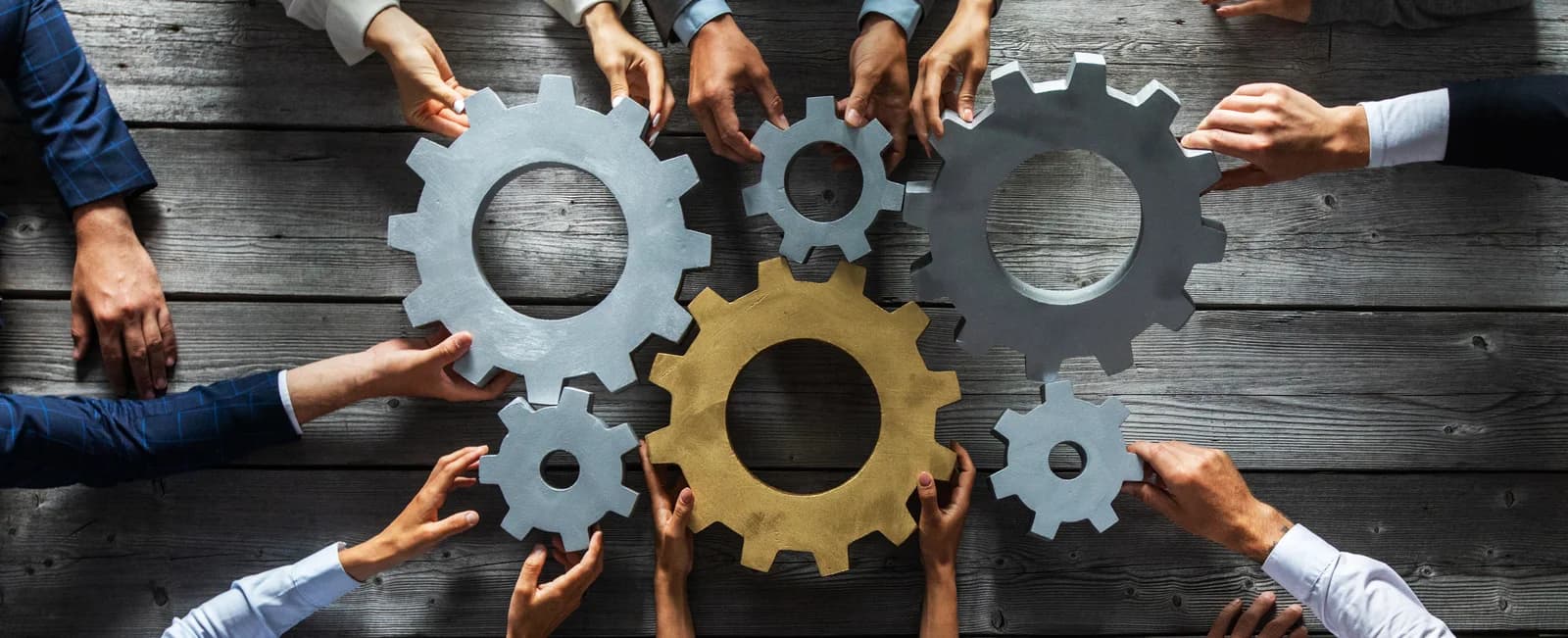 Interlocking gears representing partnership integration